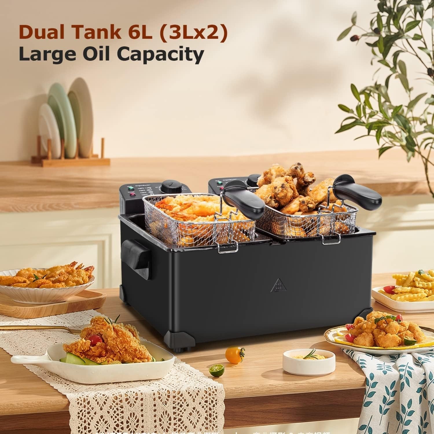 Dual Tank Deep Fat Fryer 6L Stainless Steel Adjustable Temp Viewing Lids