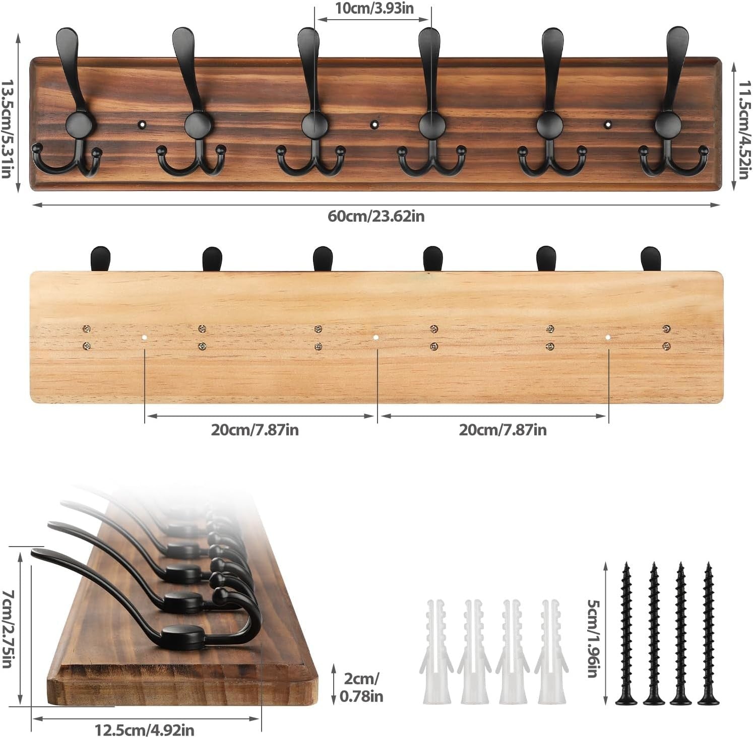 Wooden Wall Mounted Coat Rack | 6 Hook Heavy Duty Hanger for Hallway & Entryway