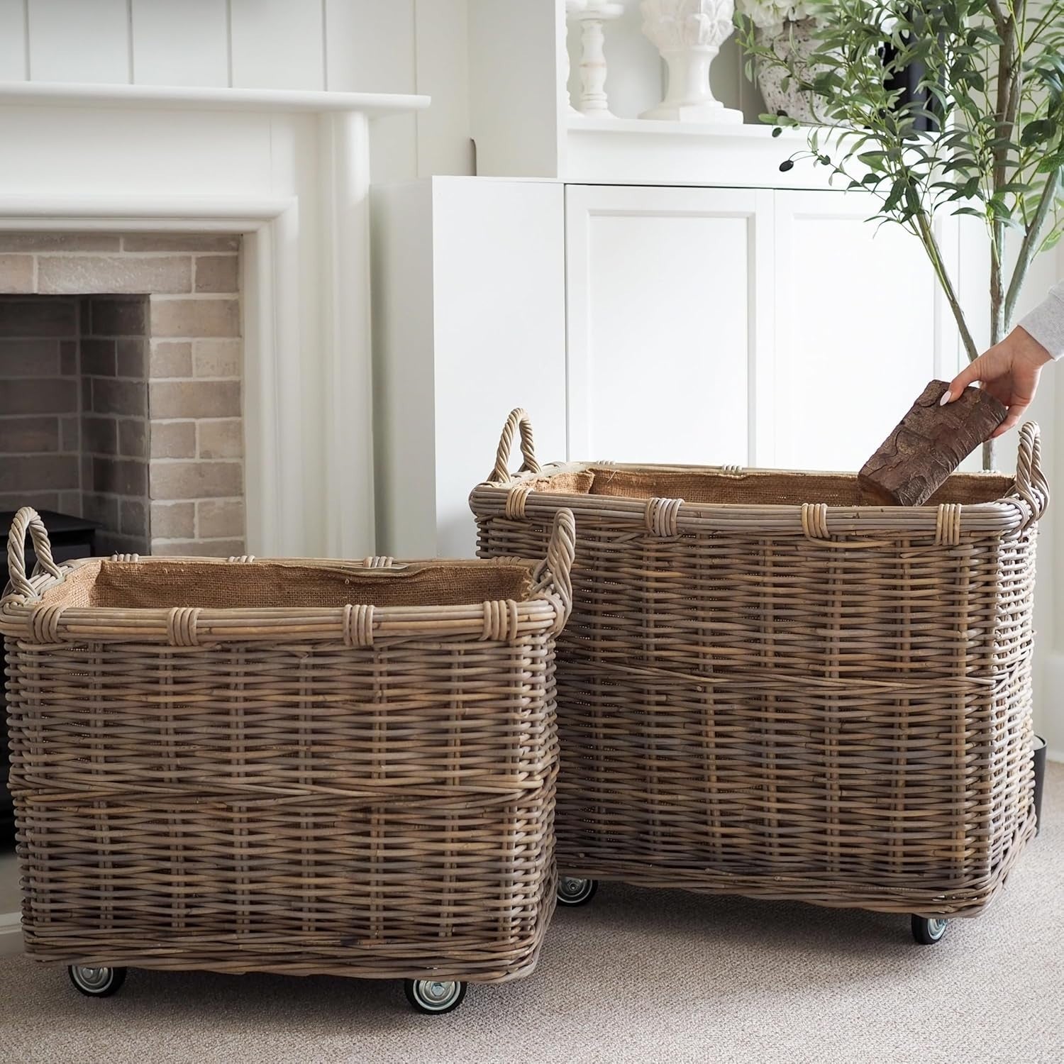 Extra Large Rattan Log Basket With Wheels, Rustic Firewood Storage 50x76cm