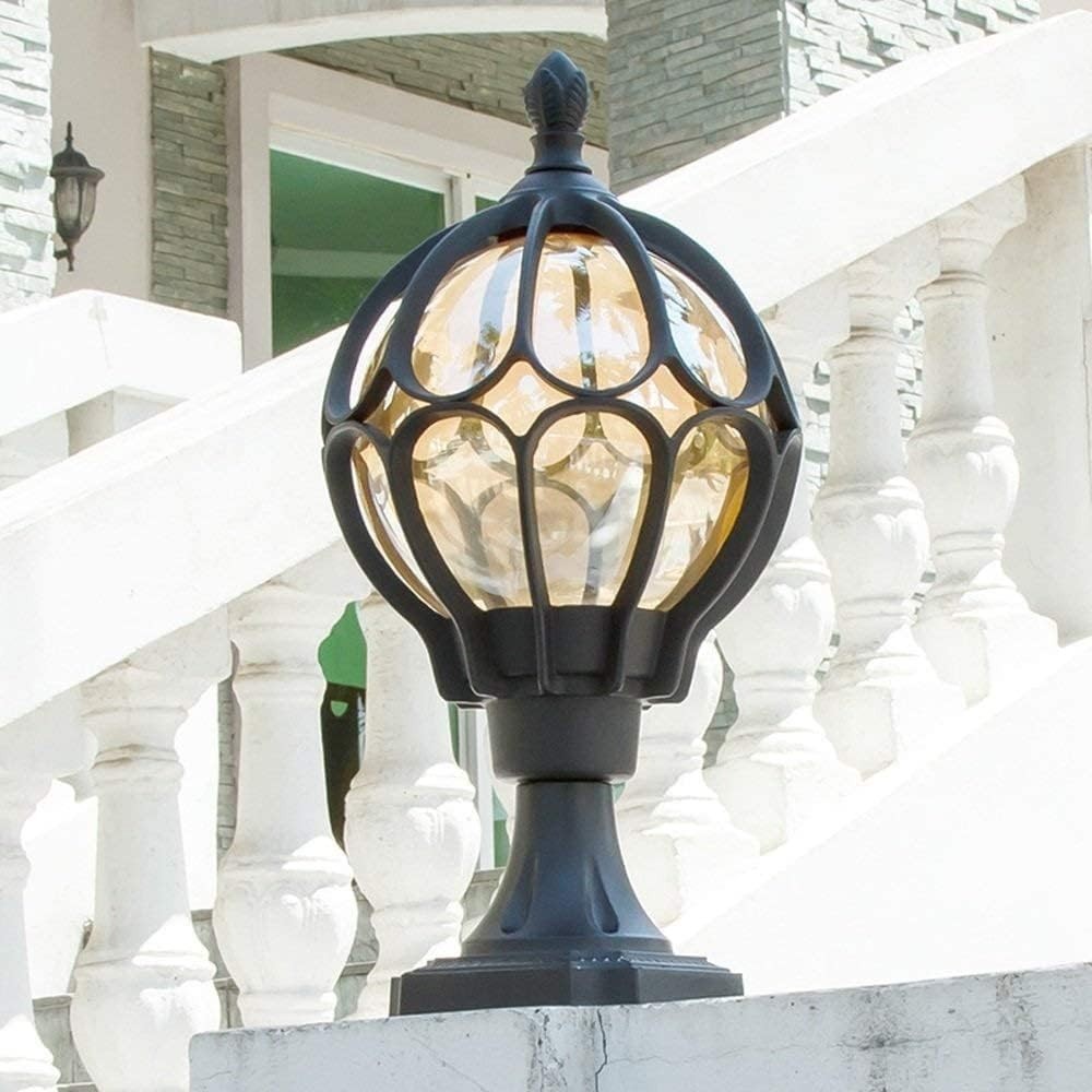 Vintage Black Outdoor Post Lantern Light Amber Glass IP65 Waterproof Lamp