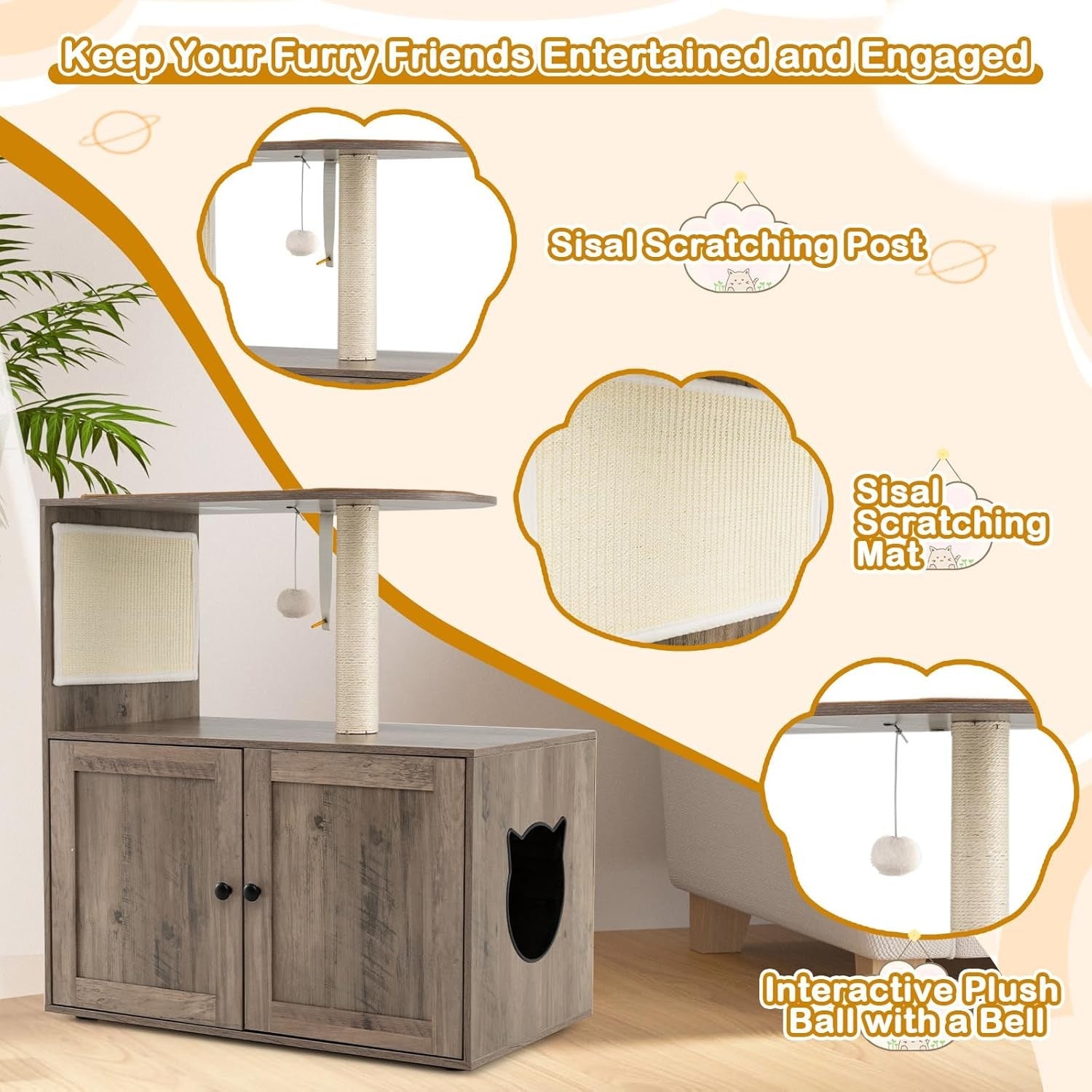Cat Tree with Hidden Litter Box Cabinet 2 in 1 Scratching Post Condo