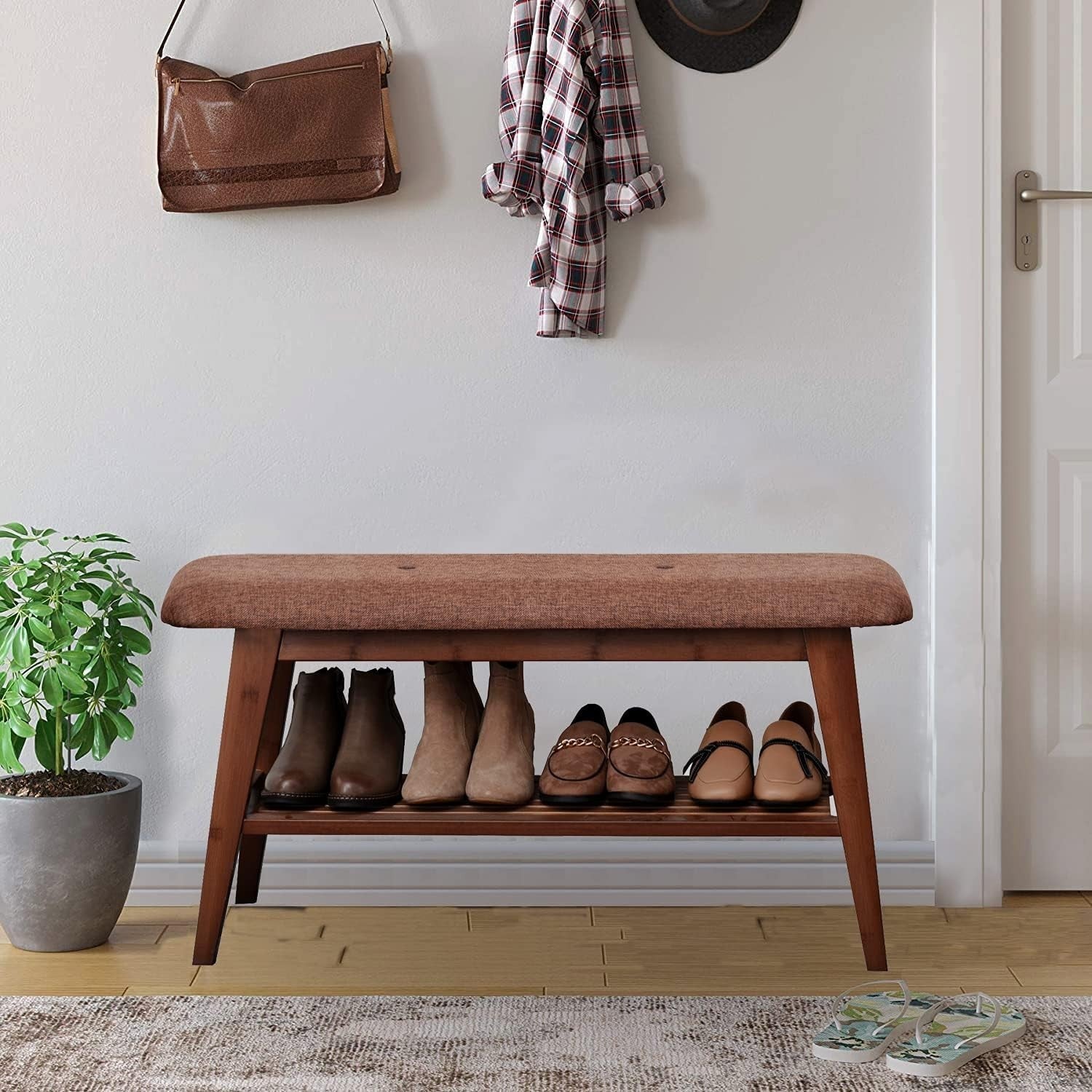 Wooden Entryway Shoe Bench with Cushion & 2-Tier Storage Rack 90cm Brown