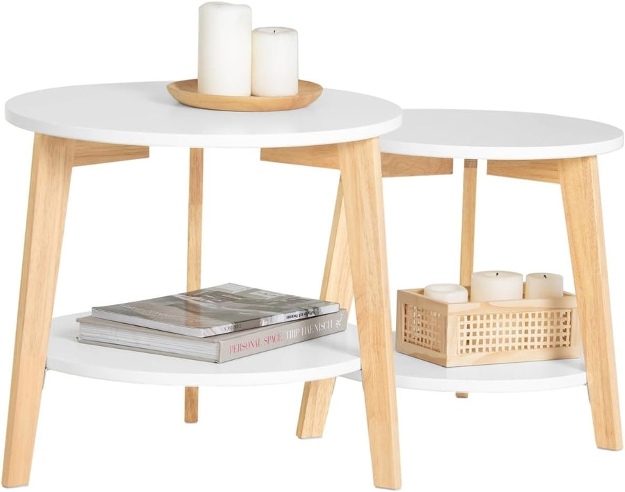 2x Nesting Round Coffee Tables Set Modern White Wood Side End Table Storage