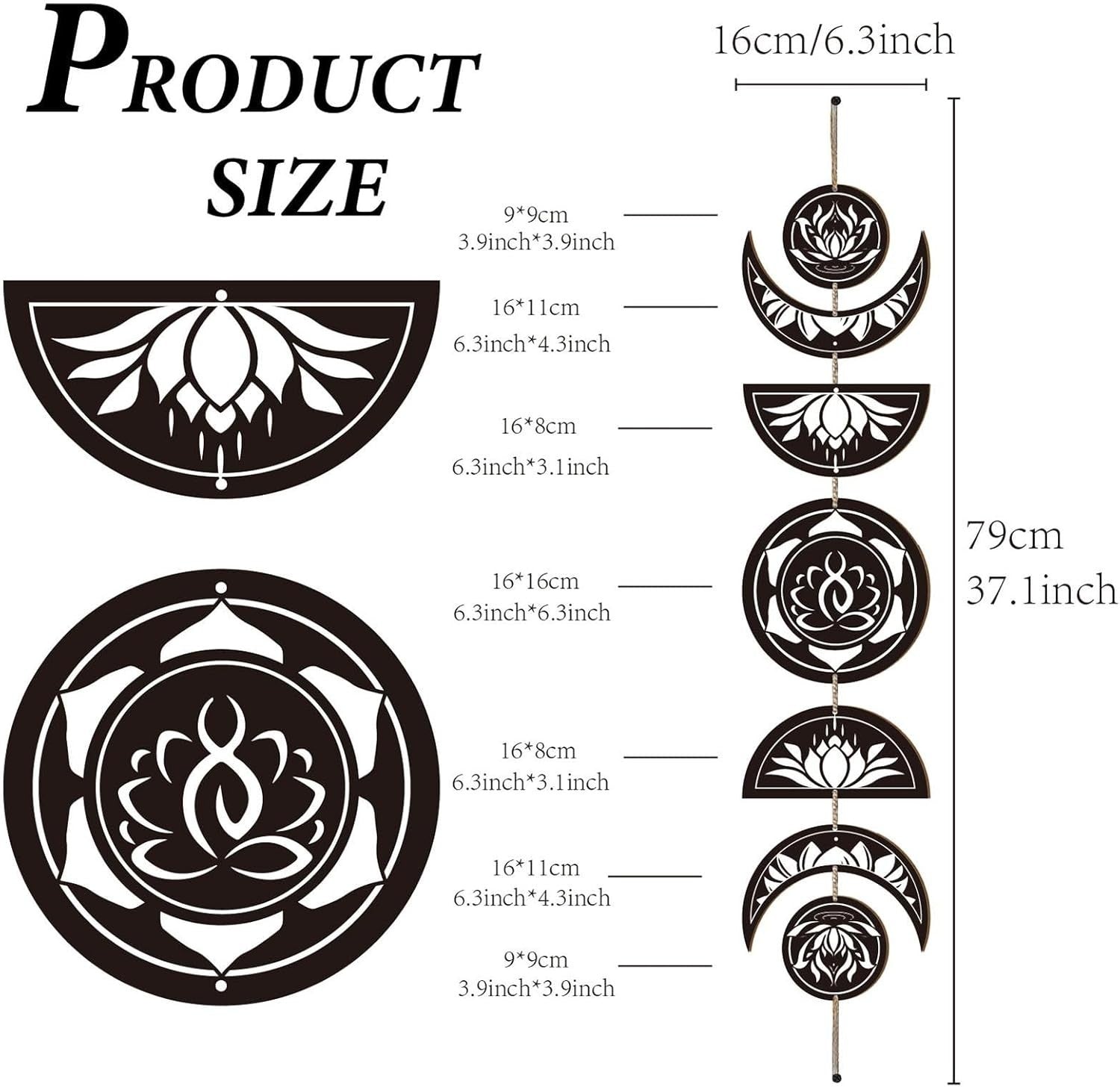 Lotus Moon Phase Wall Hanging Boho Wooden Witchy Decor 7pcs