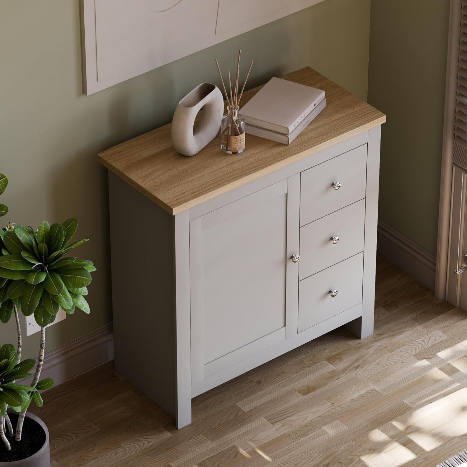 Grey Sideboard Storage Cabinet Unit with 3 Drawers 1 Door Oak Top Hallway
