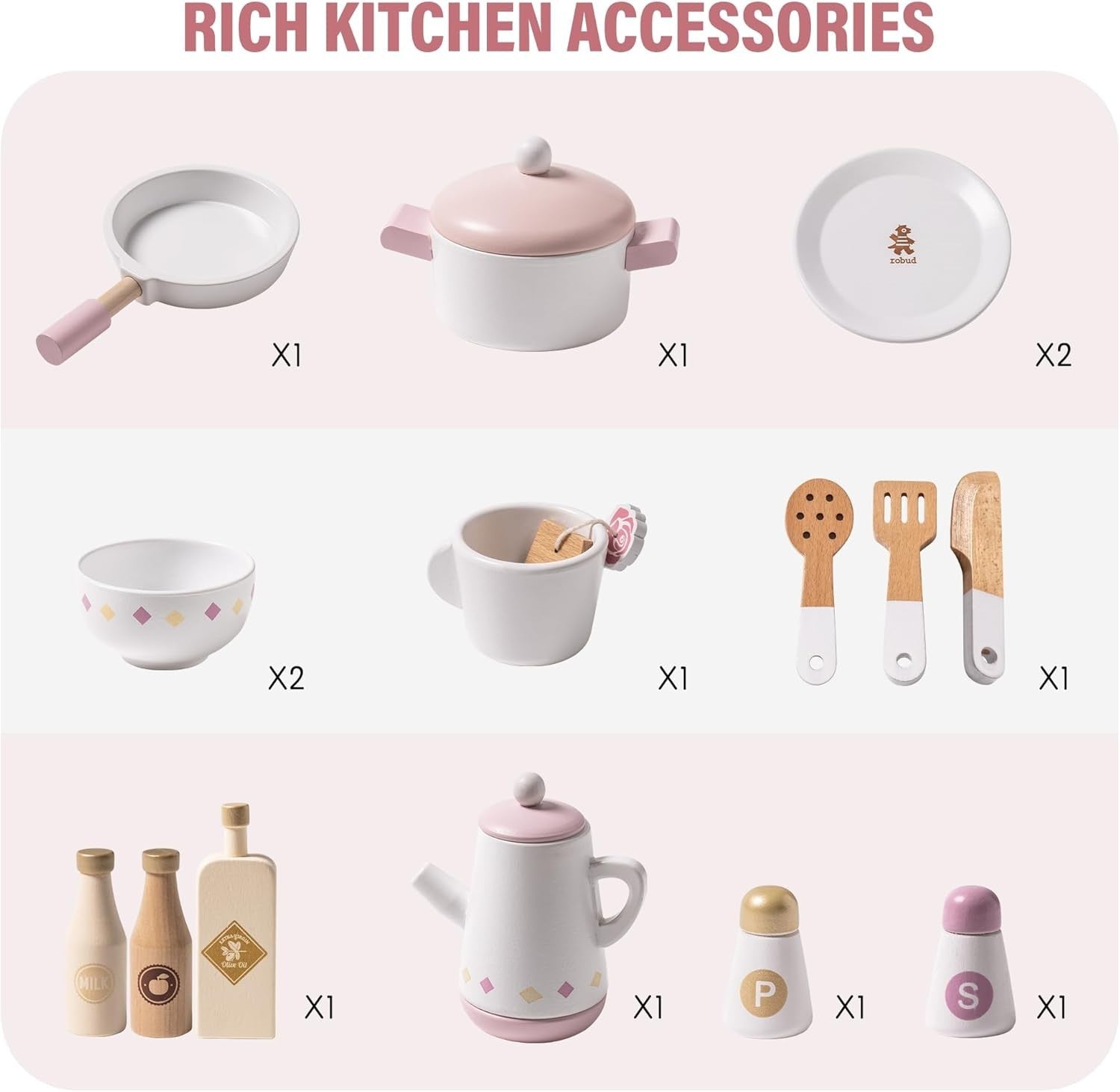 Wooden Kids Play Kitchen Pink w/ Accessories Oven Tea Set Toy