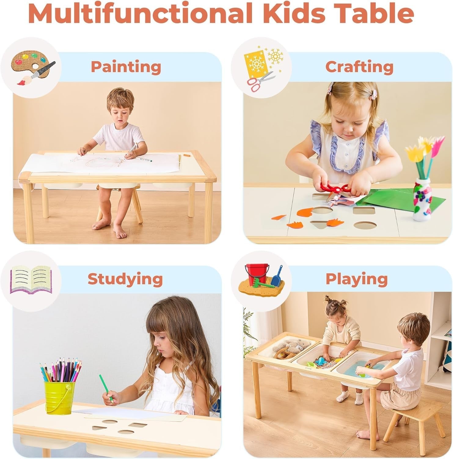 Wooden Sensory Table with 3 Bins Kids Activity Desk Sand Water Play 97cm