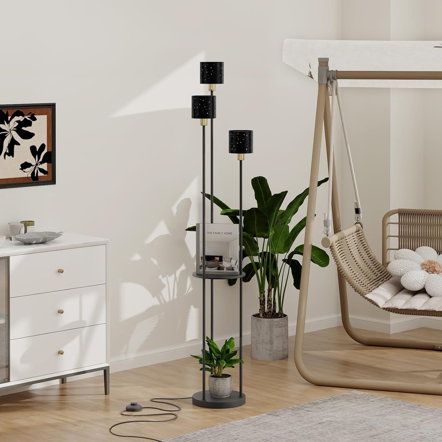 3 Light Floor Lamp with Shelves Tall Standing Lamp Modern Living Room