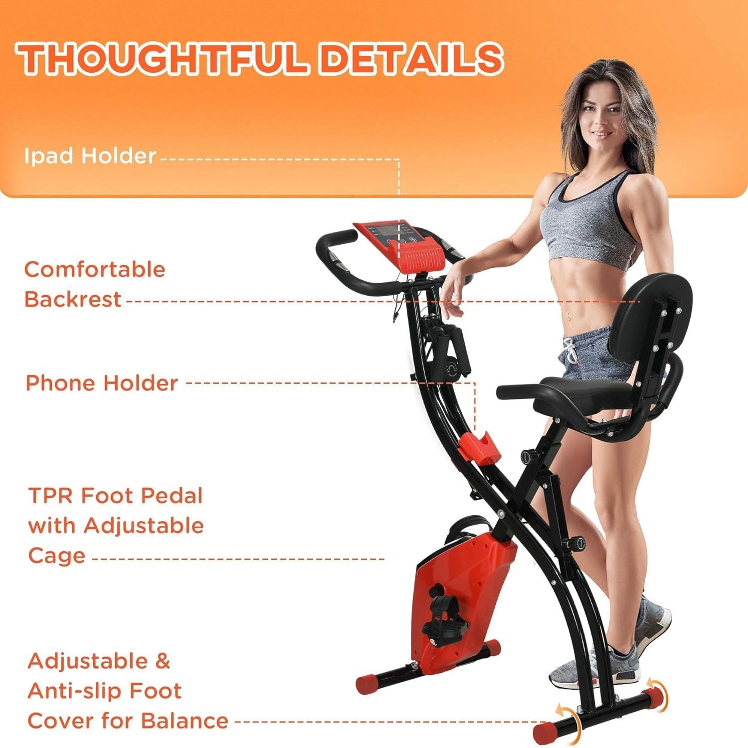 Wine Red 3-in-1 Folding Exercise Bike Magnetic Resistance LCD Pulse Bands