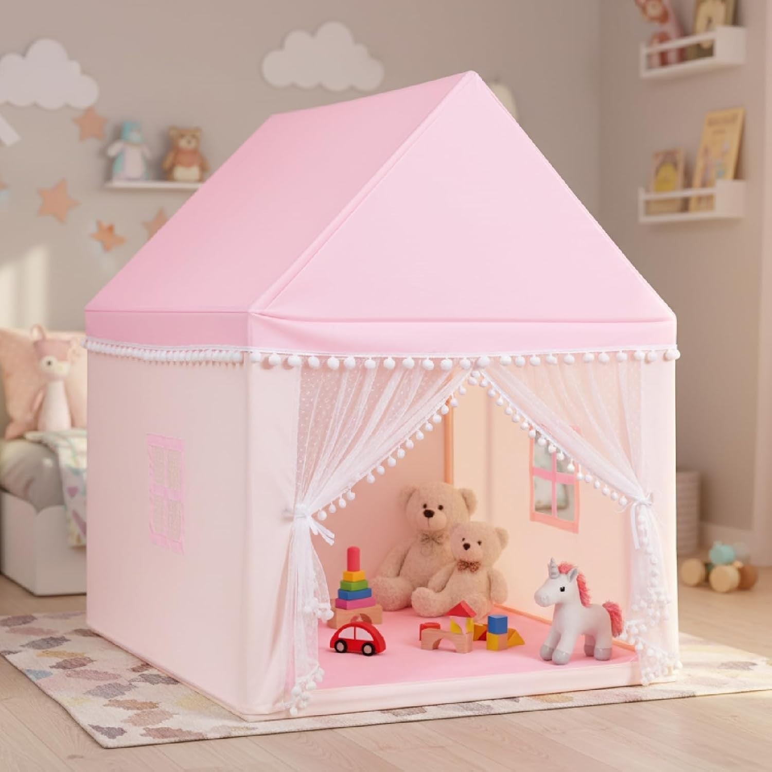 Pink Wooden Kids Play Tent Indoor Outdoor Fairy Playhouse w Mat