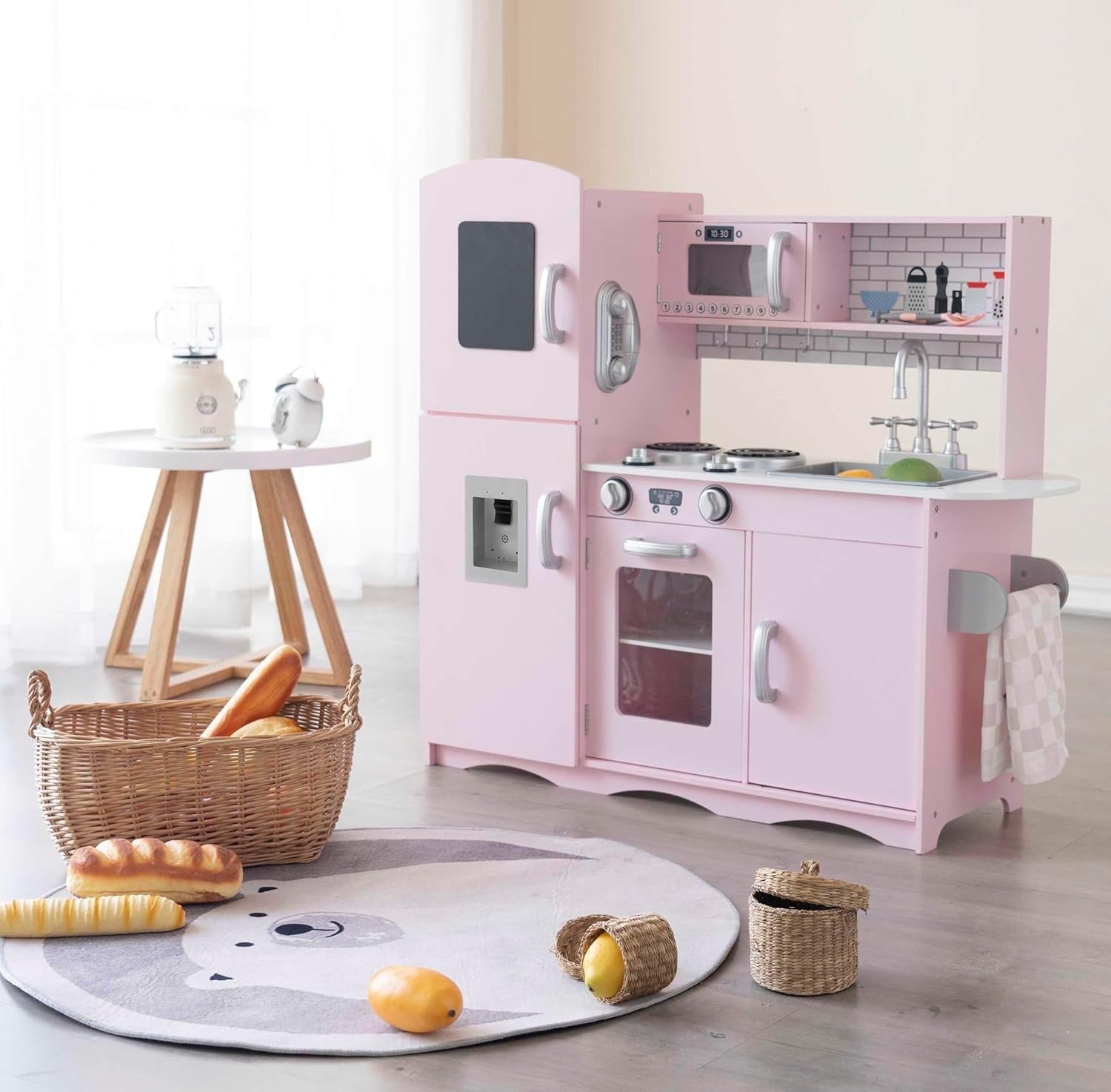 Large Wooden Kids Play Kitchen Pink Toy Set Lights Sounds Accessories