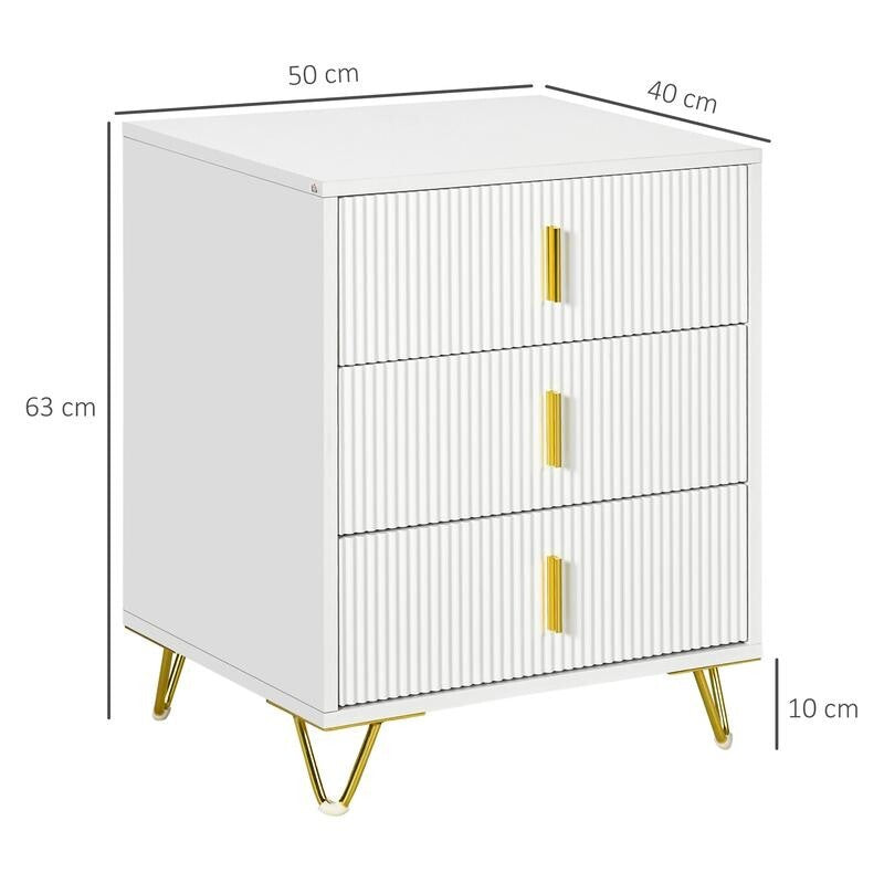 Modern White 3 Drawer Dresser with Gold Legs & Handles Bedroom Storage