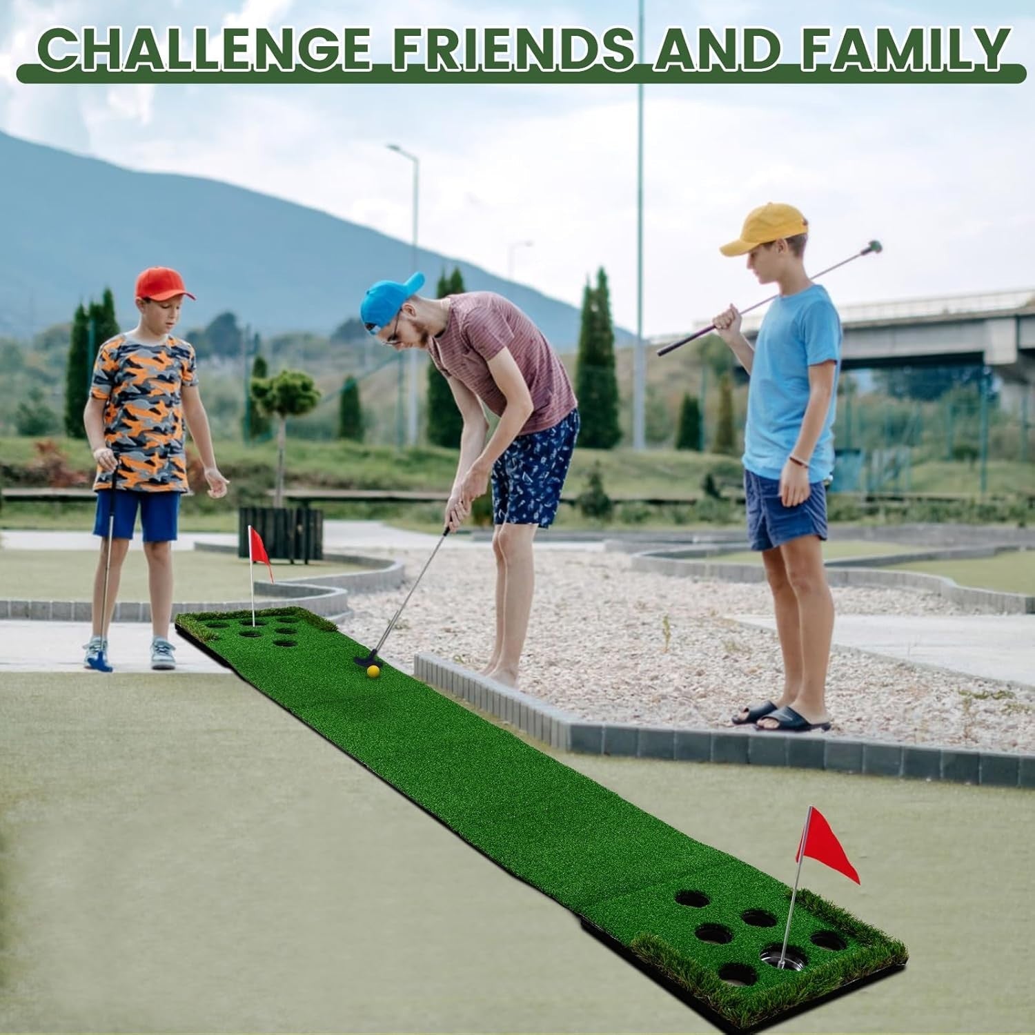 Golf Putting Green Mat Indoor Outdoor Practice Game Set w Putters