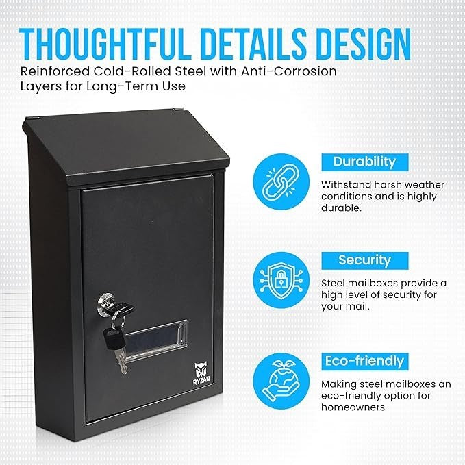 Secure Wall Mounted Mailbox Outdoor Letterbox Black Steel Lock Post Holder