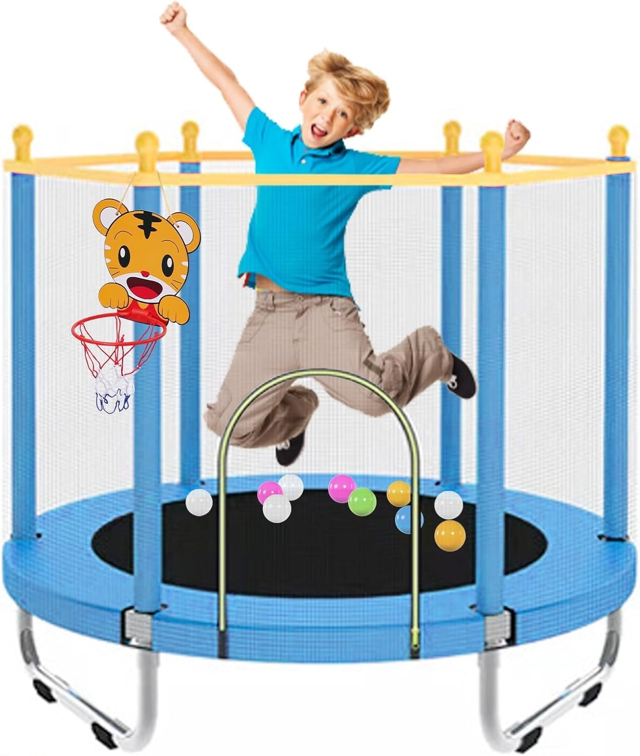 Kids Indoor Outdoor Trampoline with Safety Net & Basketball Hoop 55in