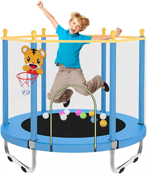 Kids Indoor Outdoor Trampoline with Safety Net & Basketball Hoop 55in