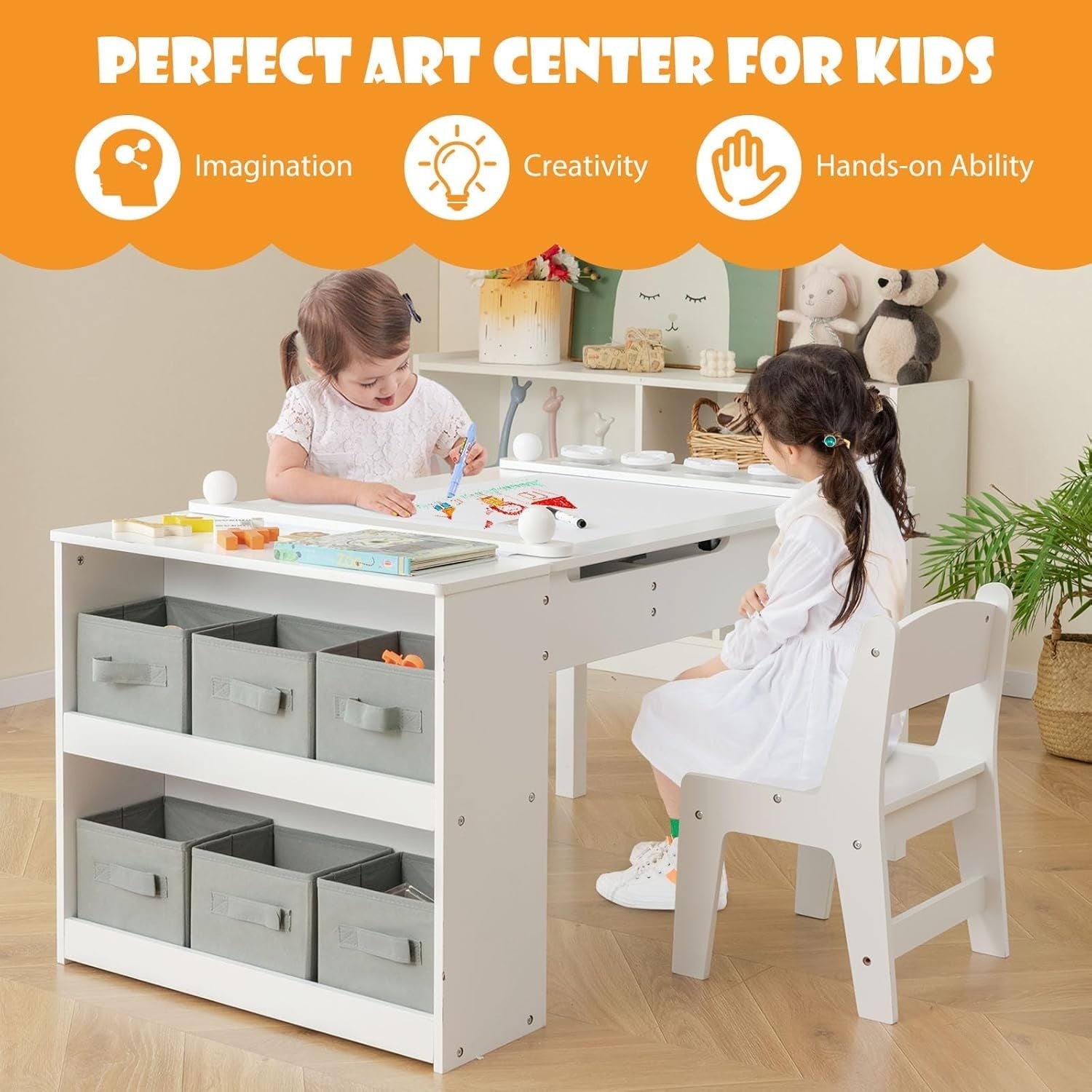 Kids Activity Table & 2 Chairs Set w/ Storage, Paper Roll, 5 Paint Cups