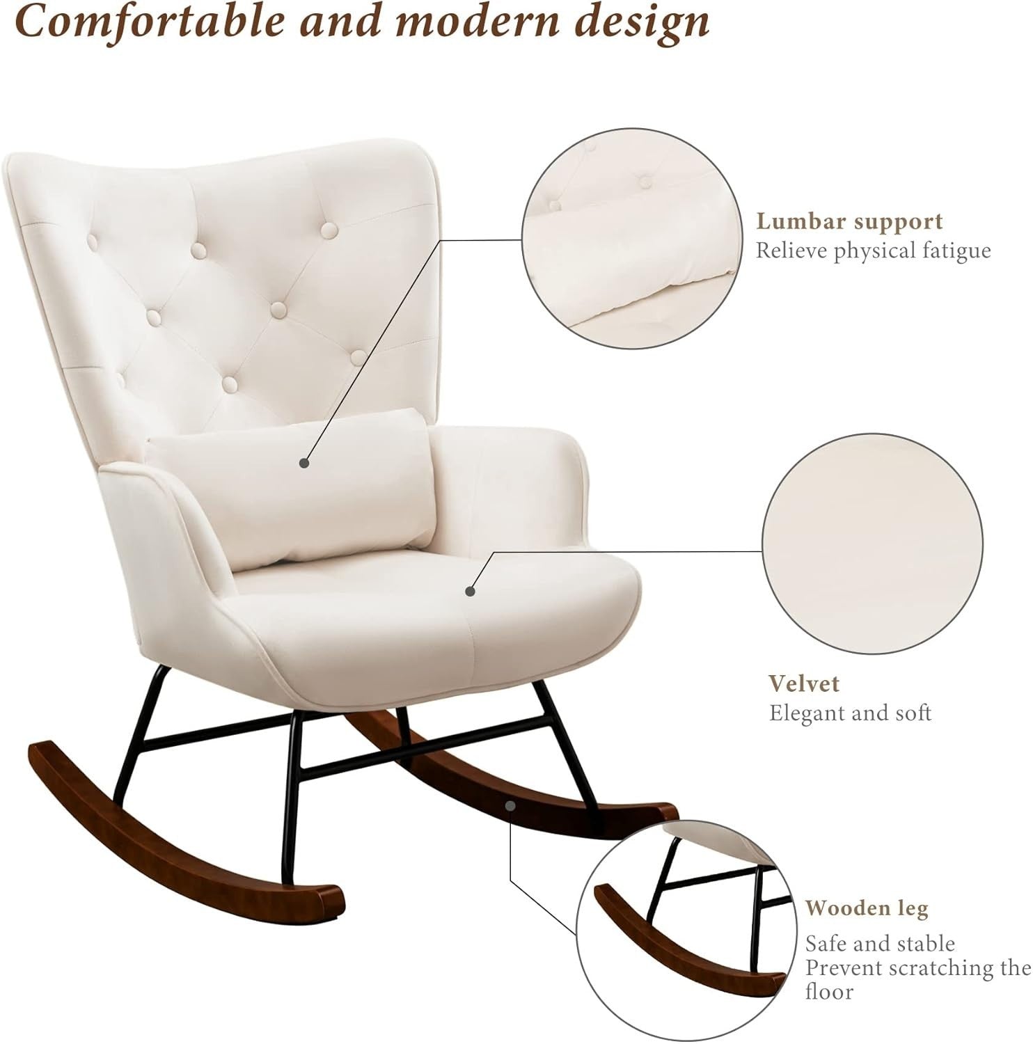 Velvet Rocking Chair for Nursery & Living Room – Soft Cushions, Wood Legs