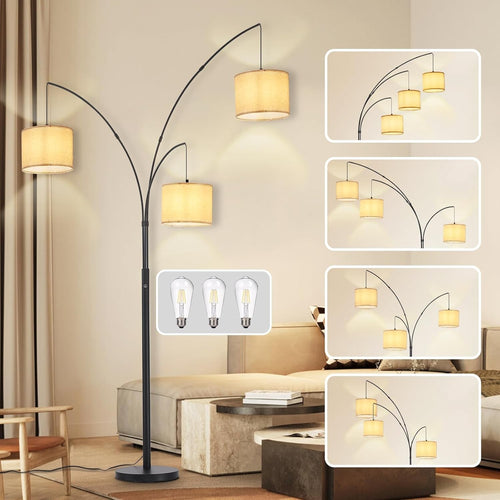 Adjustable 3-Head Dimmable Floor Lamp with Beige Shades for Living Room