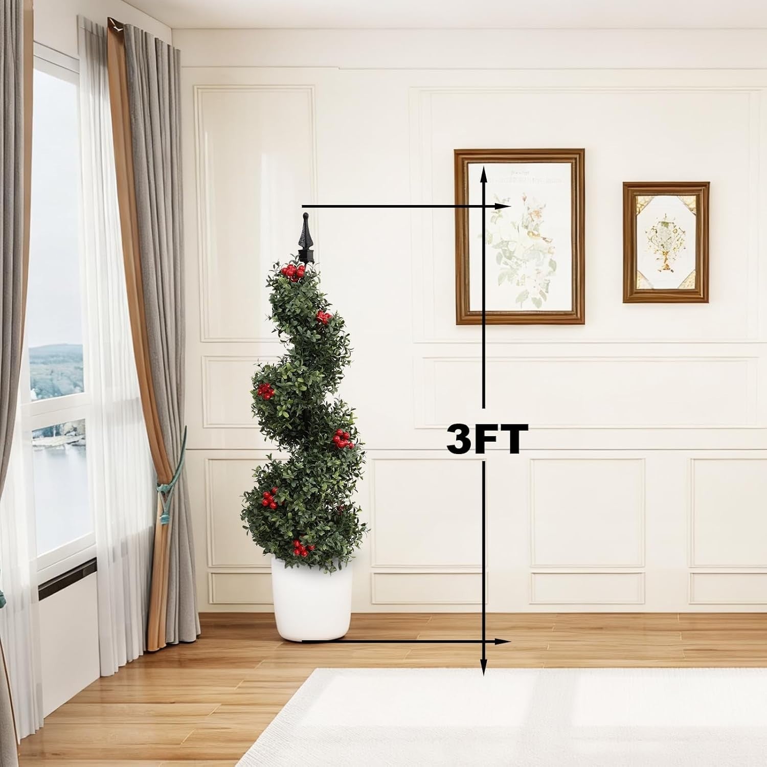 3ft 90cm Artificial Spiral Boxwood Topiary Tree with Red Fruits Indoor Outdoor