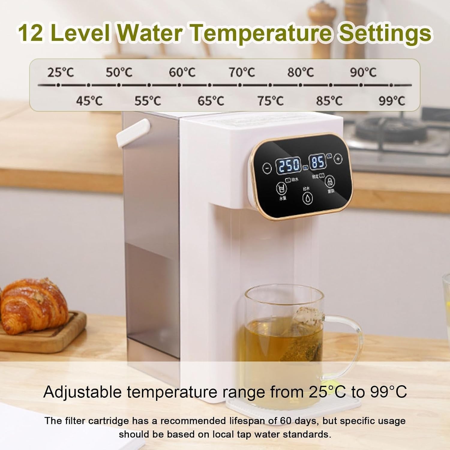Instant Hot Water Dispenser 3L Touch Control 12 Temp Cup Size Child Lock