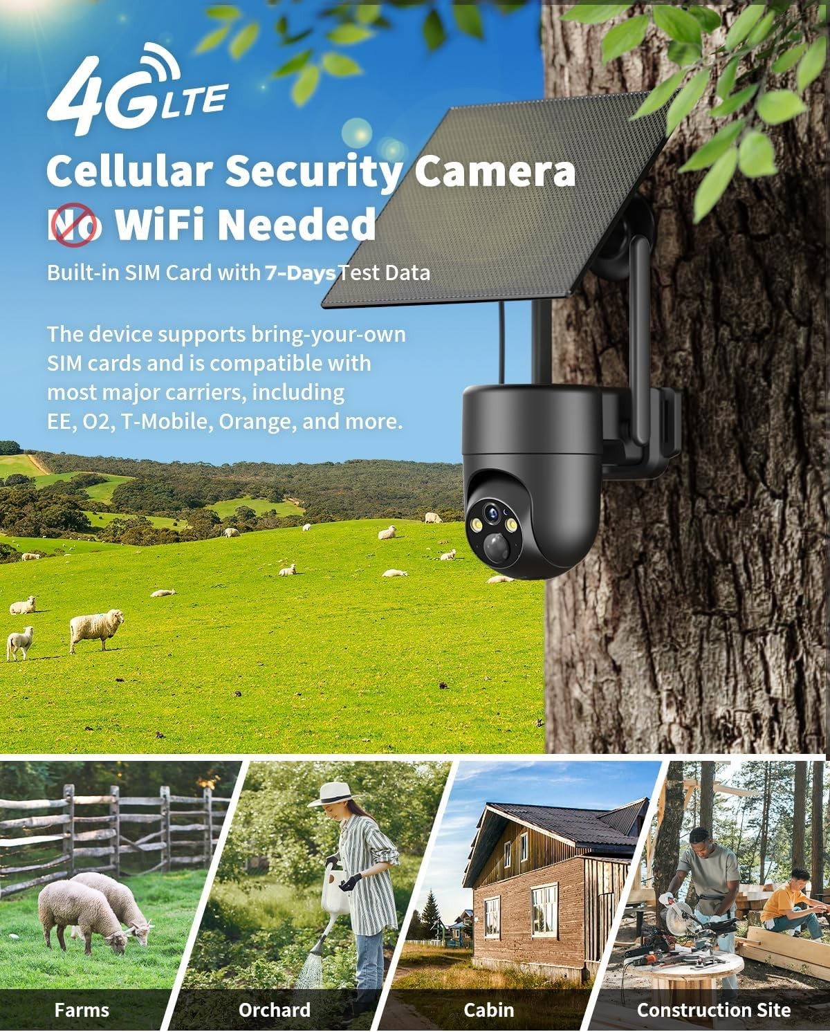 4G Solar Security Camera PTZ 2K HD SIM Card CCTV No WiFi