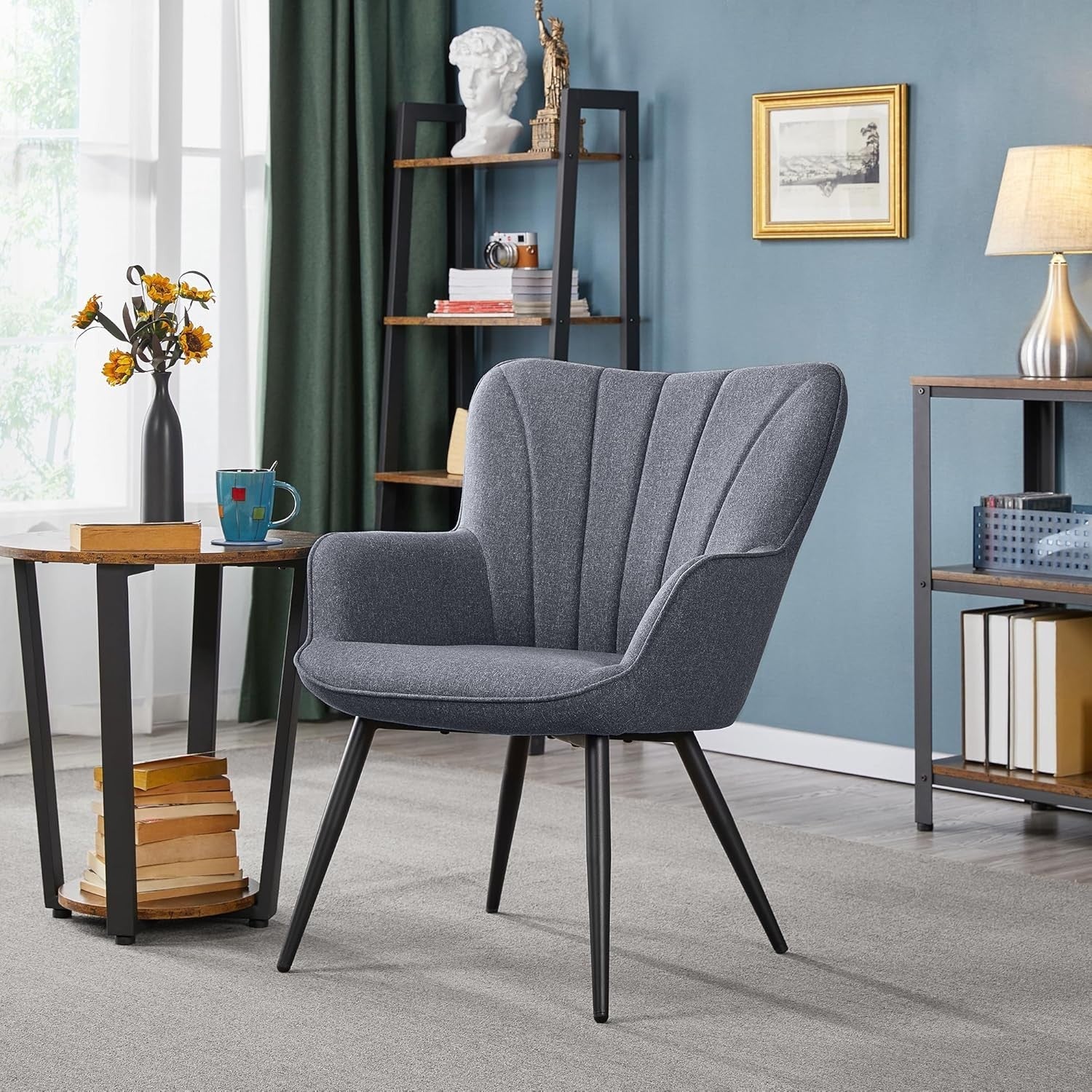 Grey Linen Tub Chair Modern High-Back Accent Armchair for Bedroom & Vanity