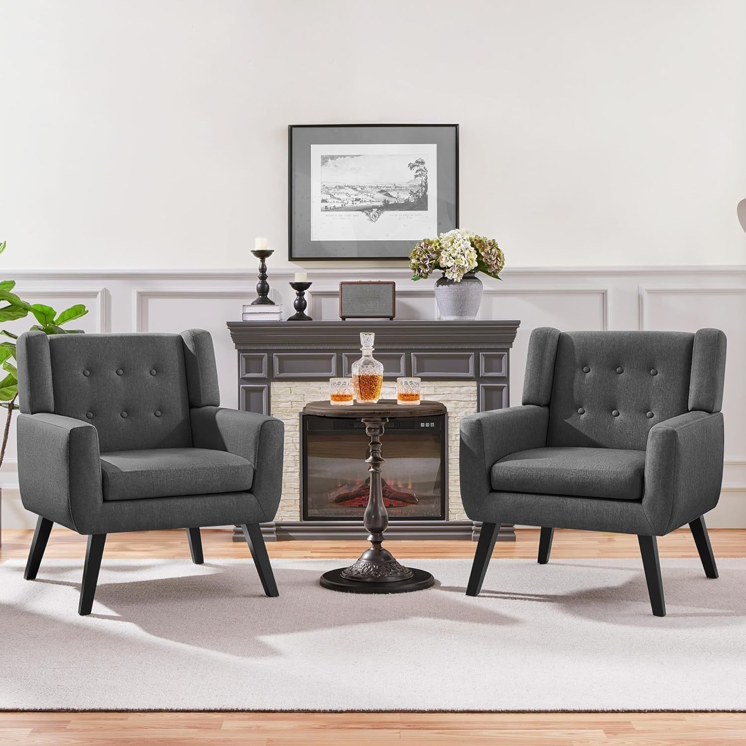 Set of 2 Dark Grey Linen Armchairs | Modern Button Tufted Tub Chairs