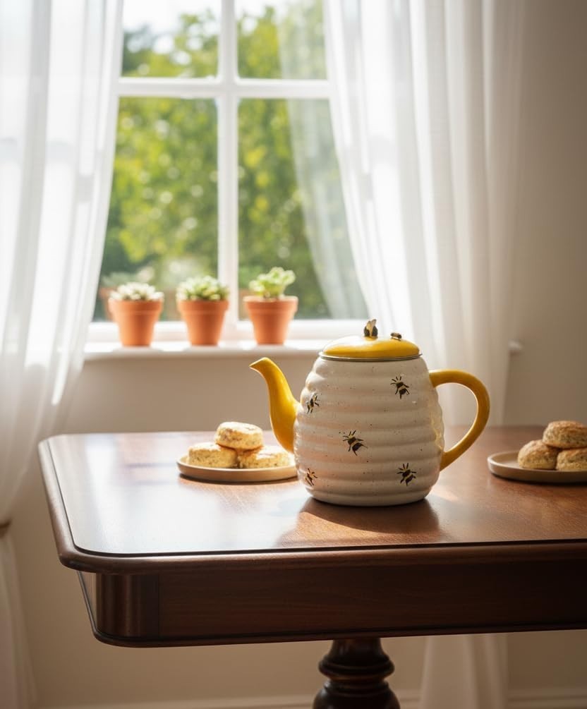 Ceramic Beehive Teapot Yellow White Farmhouse Tea Pot Kitchen Decor