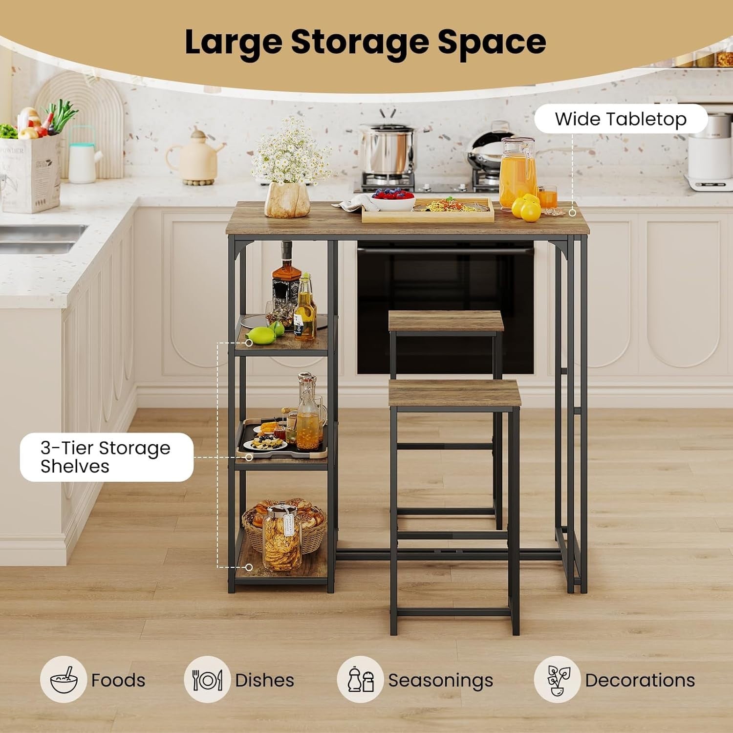 3-Piece Bar Table Set Shelves, Space-Saving Breakfast Dining Set – Coffee Black