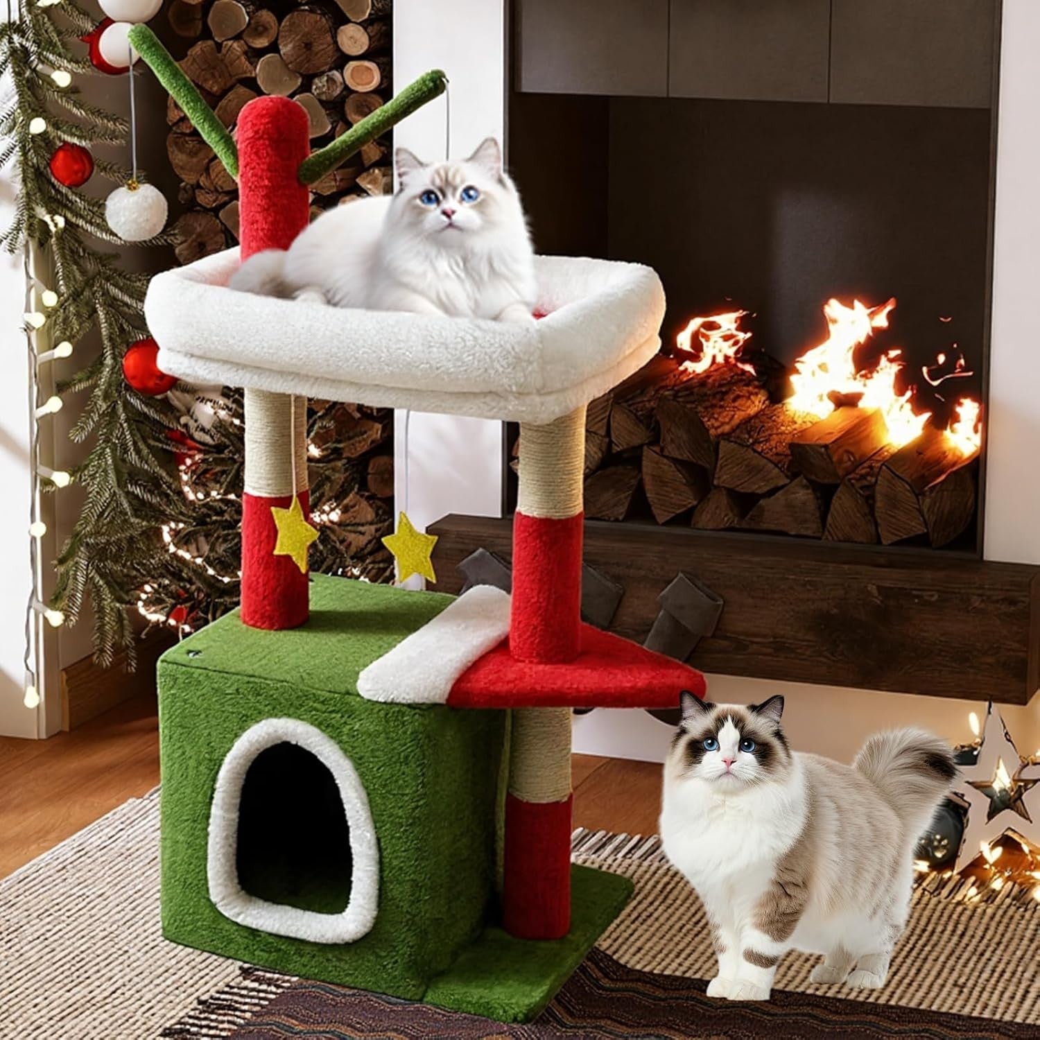 Christmas Cat Tree 79cm Festive Scratching Tower with Condo Toys Red Green