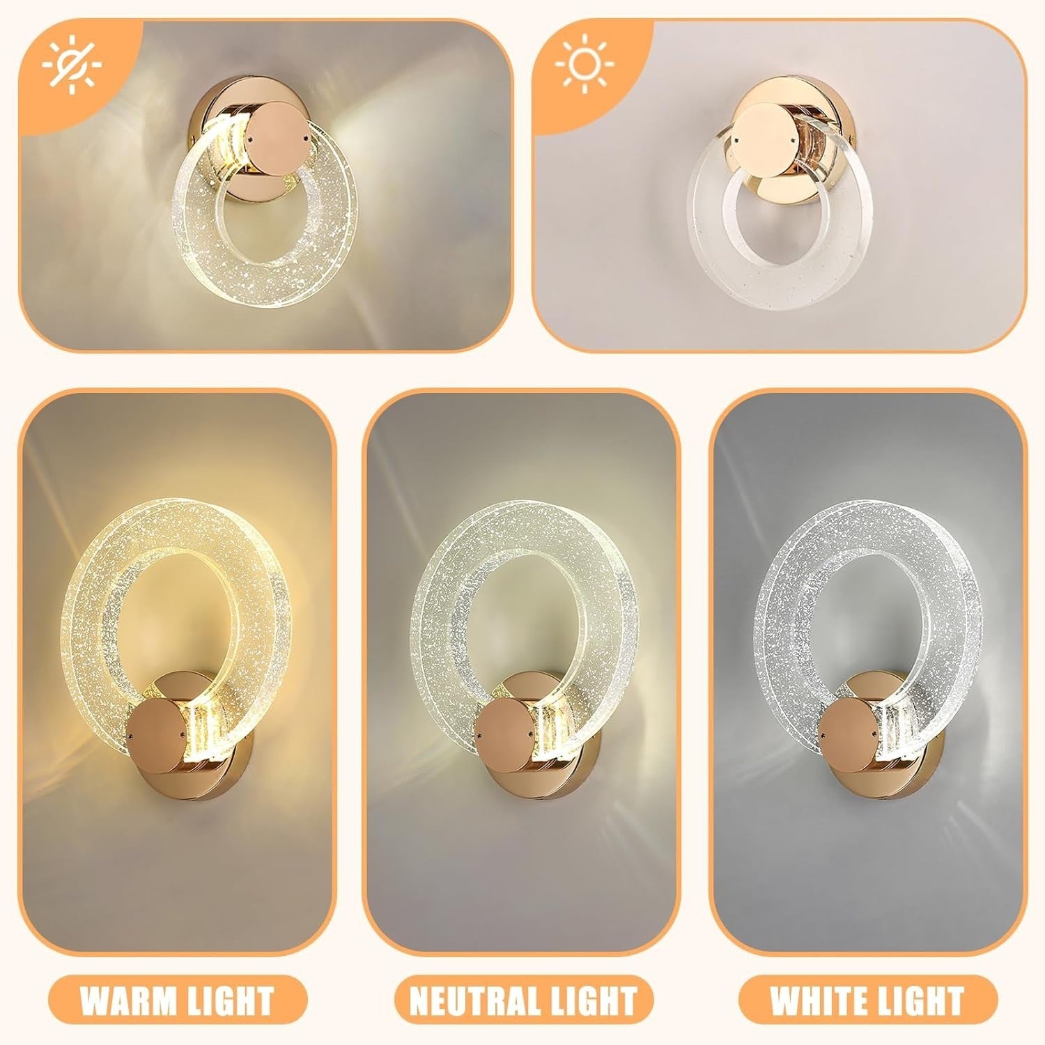 Modern Gold Crystal Wall Light Sconce | 3-Color LED, Luxury Look