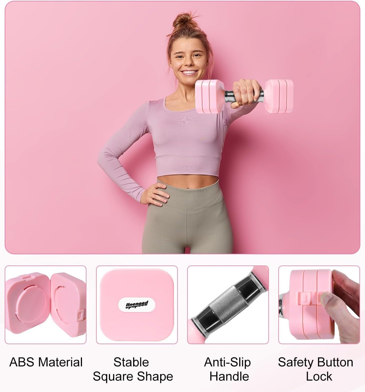 15LB Adjustable Dumbbells Pair 4-in-1 Anti-Roll Pink Home Fitness Weights