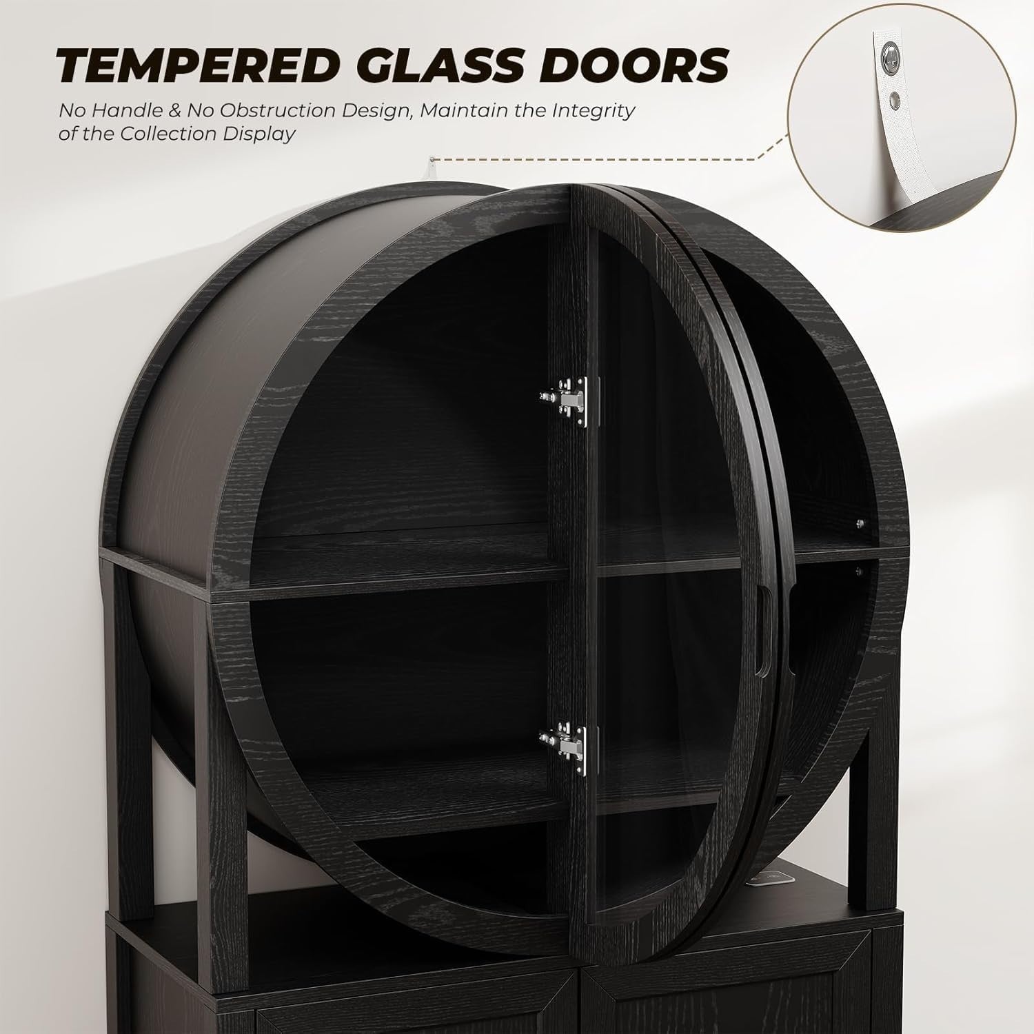 Round Wine Bar Cabinet with LED Lights, Tall Drinks Display Storage Unit, Black