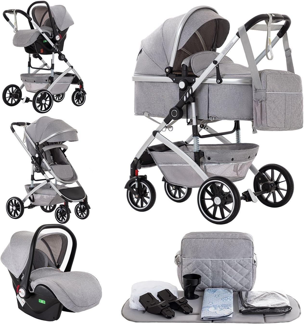 3 in 1 Baby Stroller Travel System Pushchair Carrycot Car Seat Grey