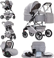 3 in 1 Baby Stroller Travel System Pushchair Carrycot Car Seat Grey