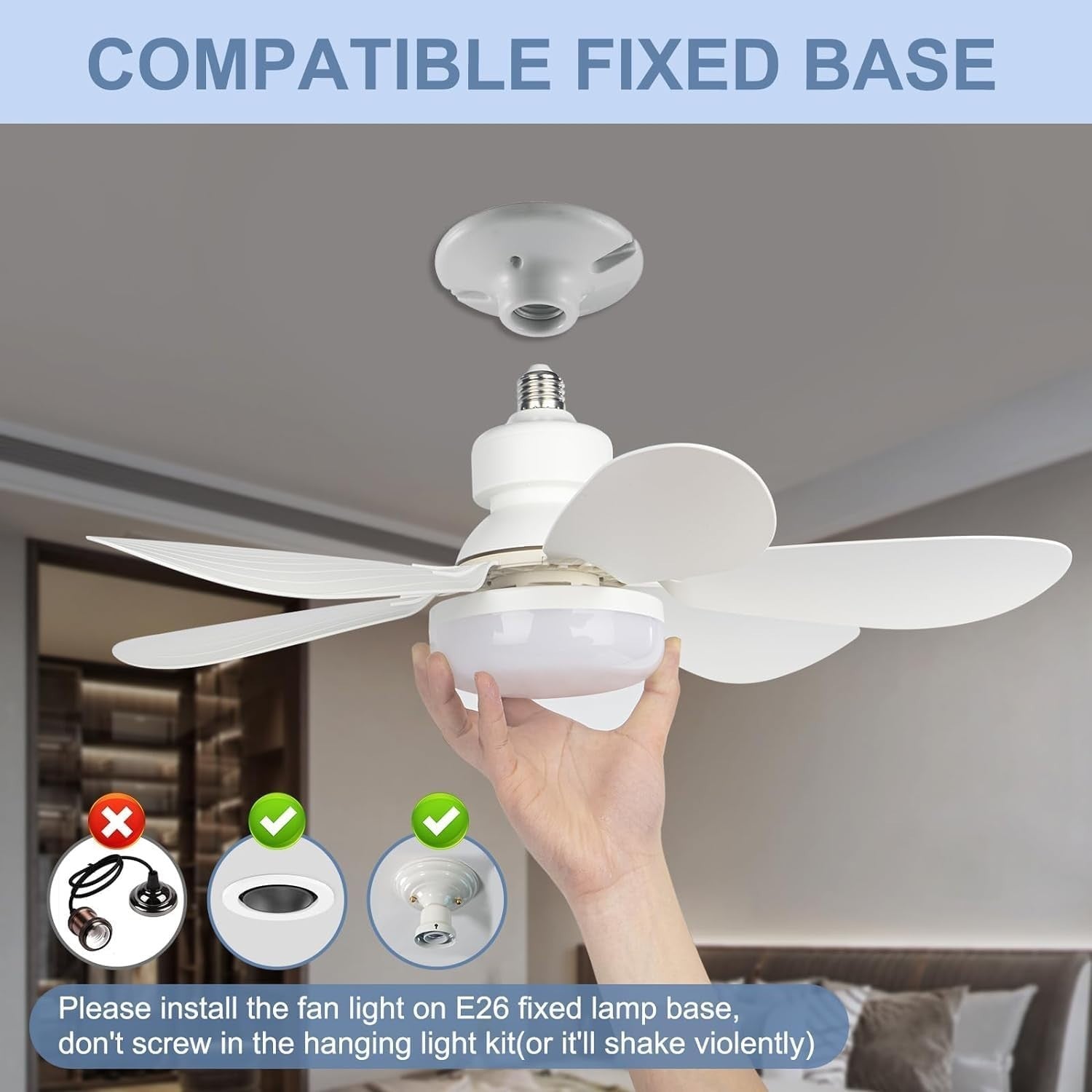 DGE E27 Fan Light, 3 Speeds, Dimmable LED, Remote, for Kitchen, Garage, Bedroom