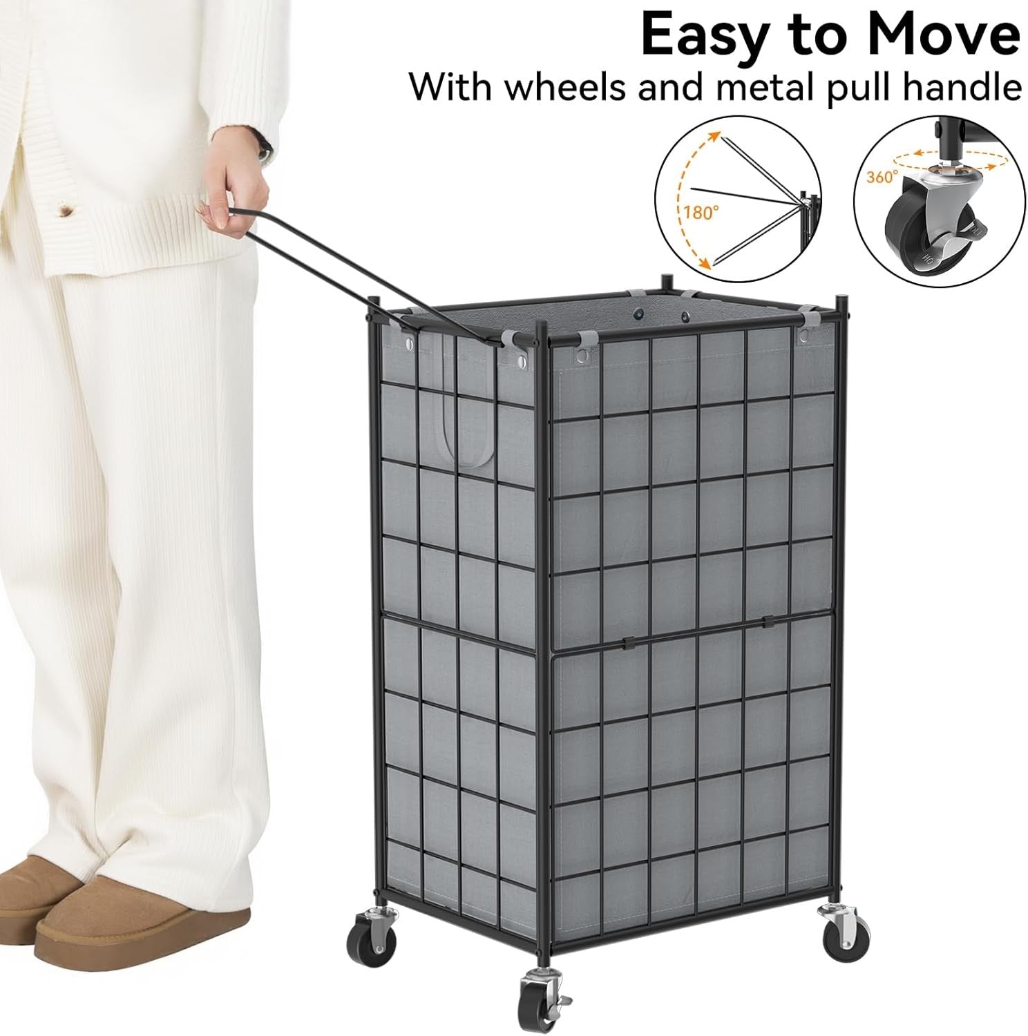 100L Rolling Laundry Hamper Grey Metal Frame with Wheels & Removable Bag