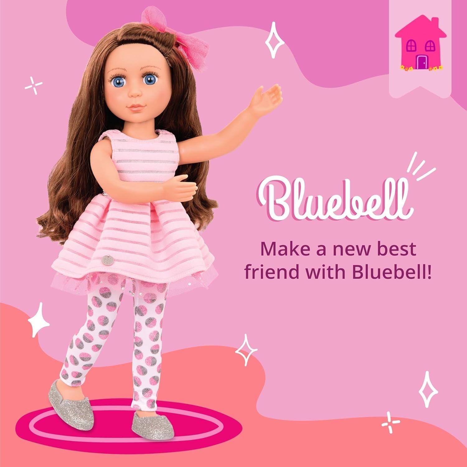 14in Poseable Fashion Doll Brown Hair Blue Eyes Pink Dress Toy