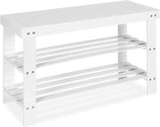 White Bamboo Shoe Storage Bench – 3-Tier Rack & Seat for Entryway 70cm