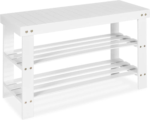 White Bamboo Shoe Storage Bench – 3-Tier Rack & Seat for Entryway 70cm