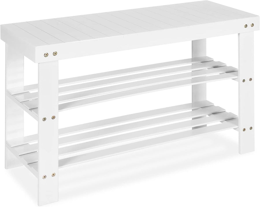 White Bamboo Shoe Storage Bench – 3-Tier Rack & Seat for Entryway 70cm