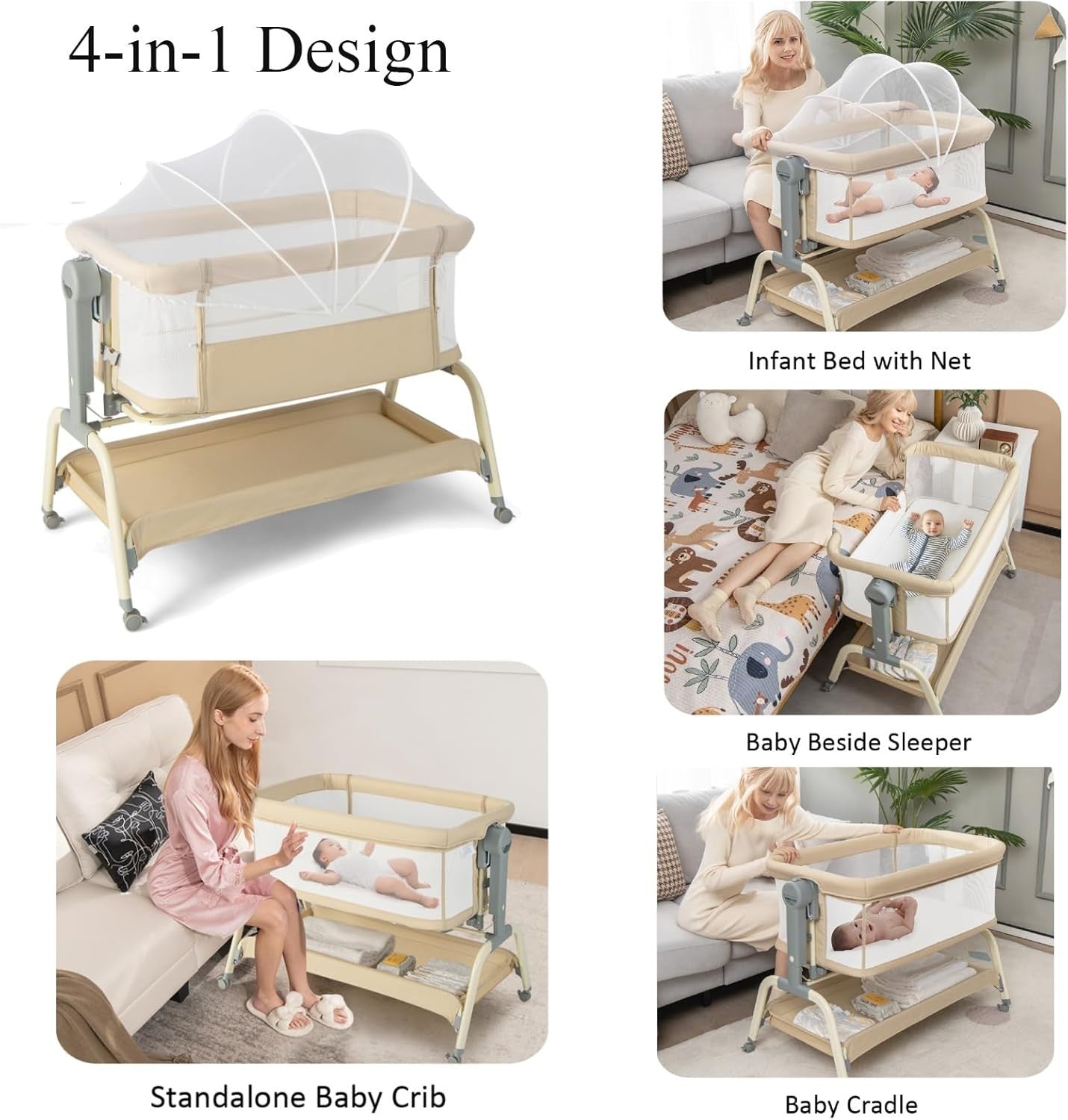 4-in-1 Baby Bedside Crib with Adjustable Height, Mosquito Net & Storage Beige