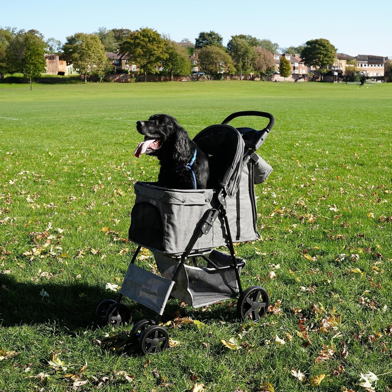 Woven Grey Pet Stroller Pushchair with Detachable Caddy Bag 15kg Foldable
