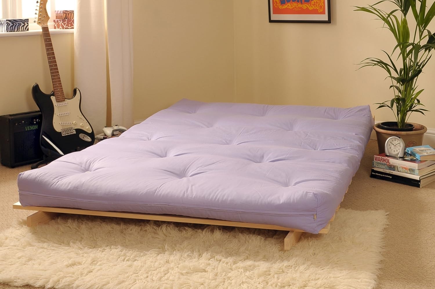 Small Double Wooden Futon Sofa Bed 4ft Tufted Cotton Mattress Purple