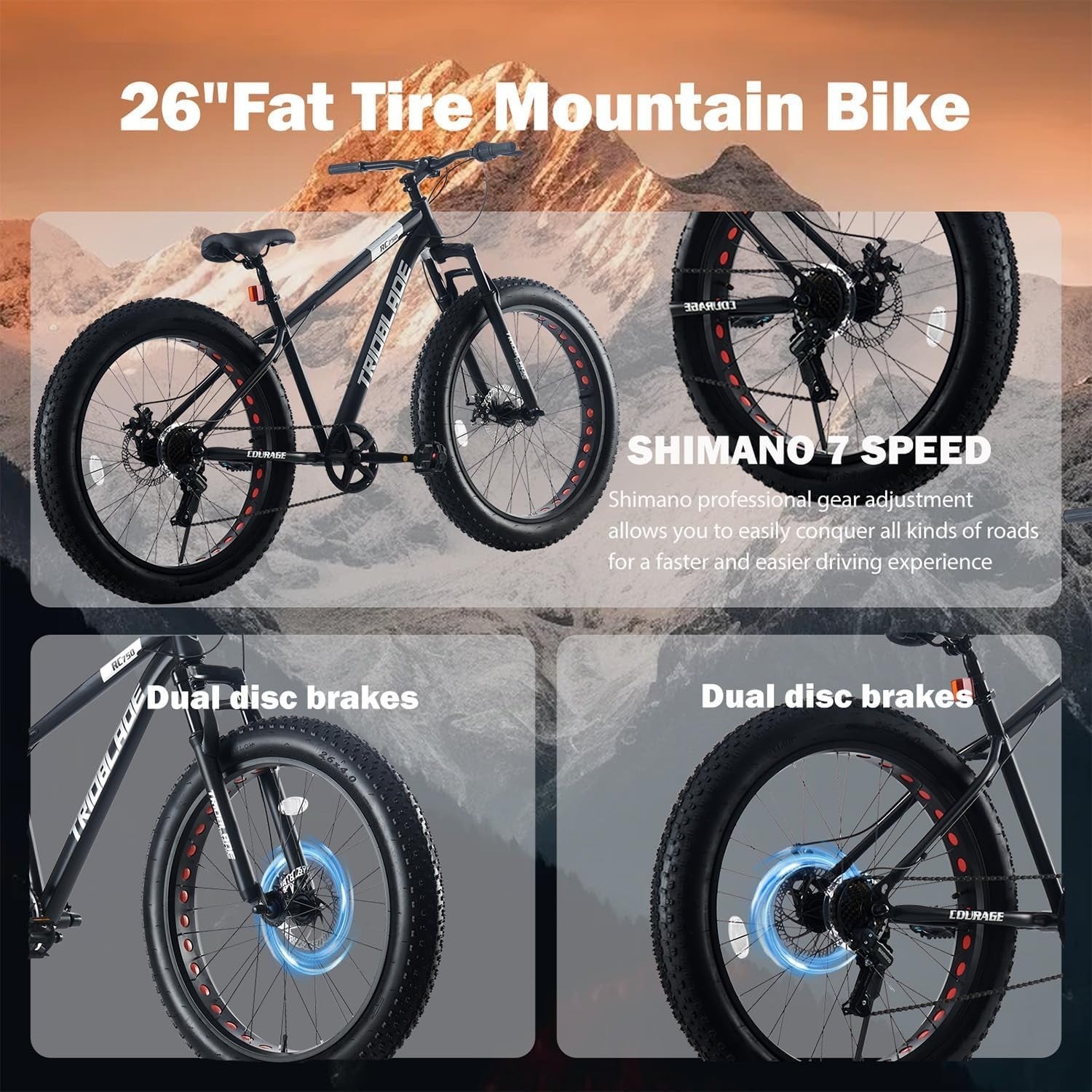 26" Fat Tyre Bike Mens Womens 7 Speed Full Suspension MTB Disc Brake