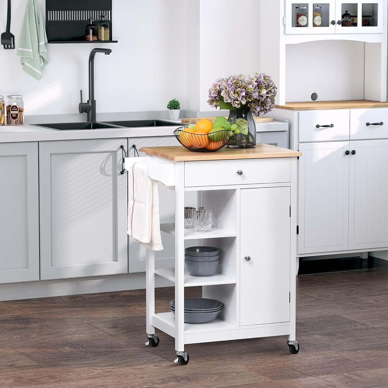 Kitchen Island Trolley on Wheels with Wood Top Cupboard Shelves White