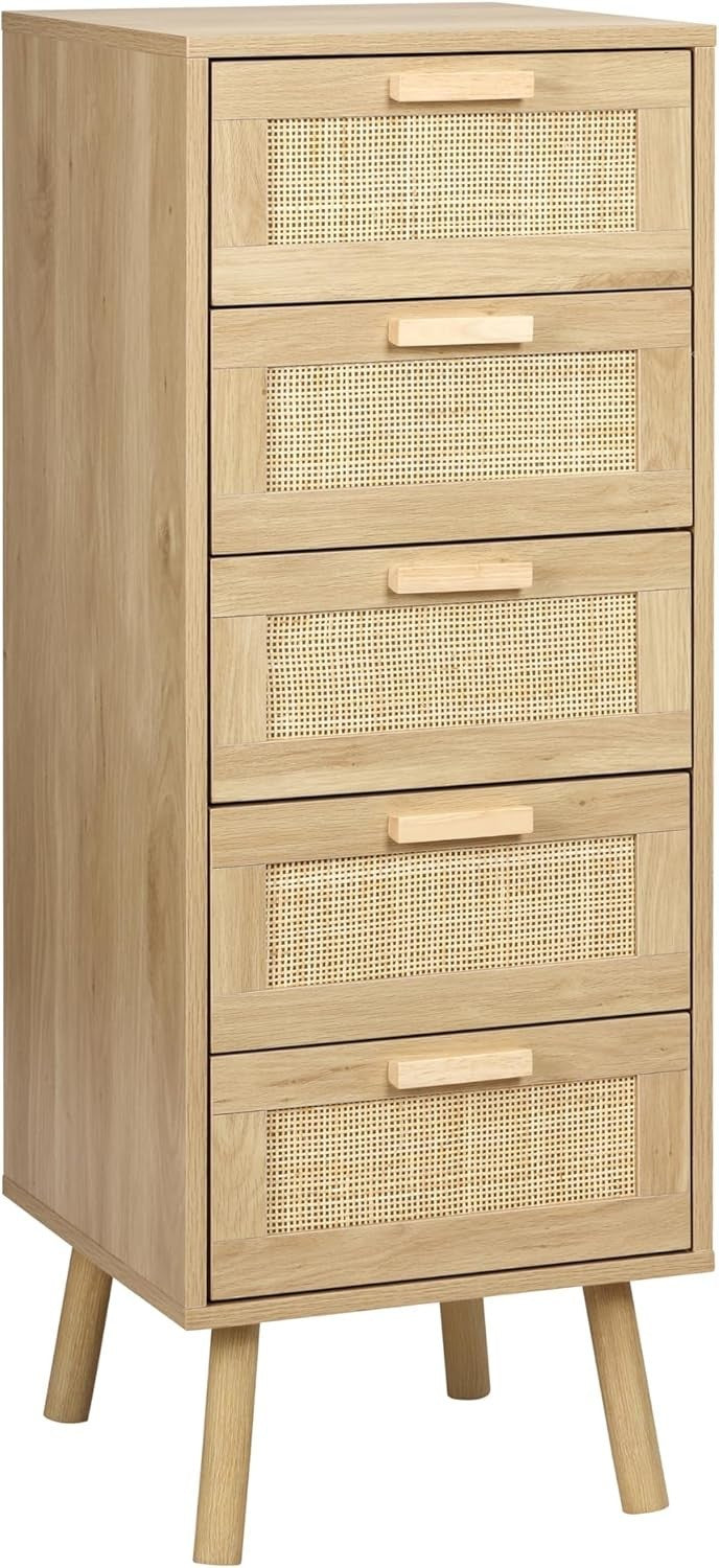 5 Drawer Rattan Chest Storage Unit Tall Bedroom Cabinet with Wood Legs
