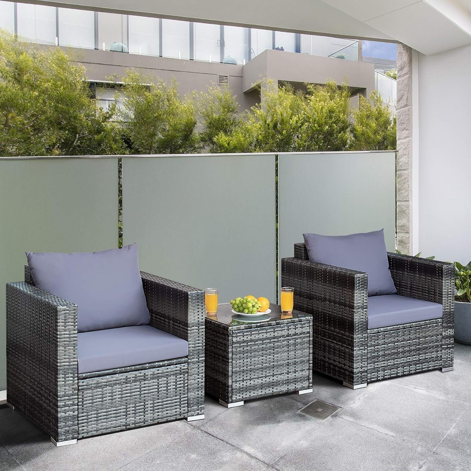 3PC Rattan Bistro Set Patio Garden Furniture Cushioned Chairs & Table