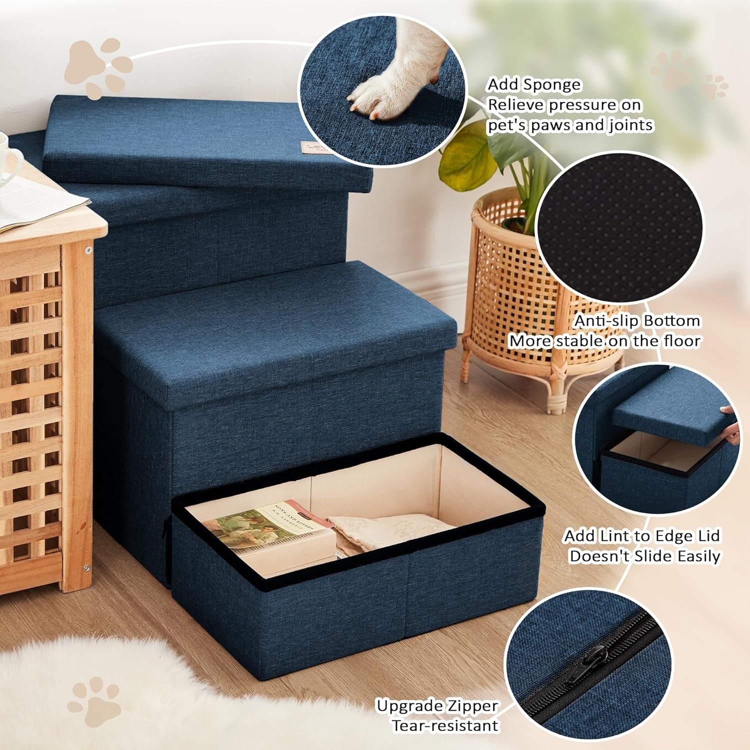 Dog Stairs 3 Step with Storage 18" High Foldable Pet Steps Navy